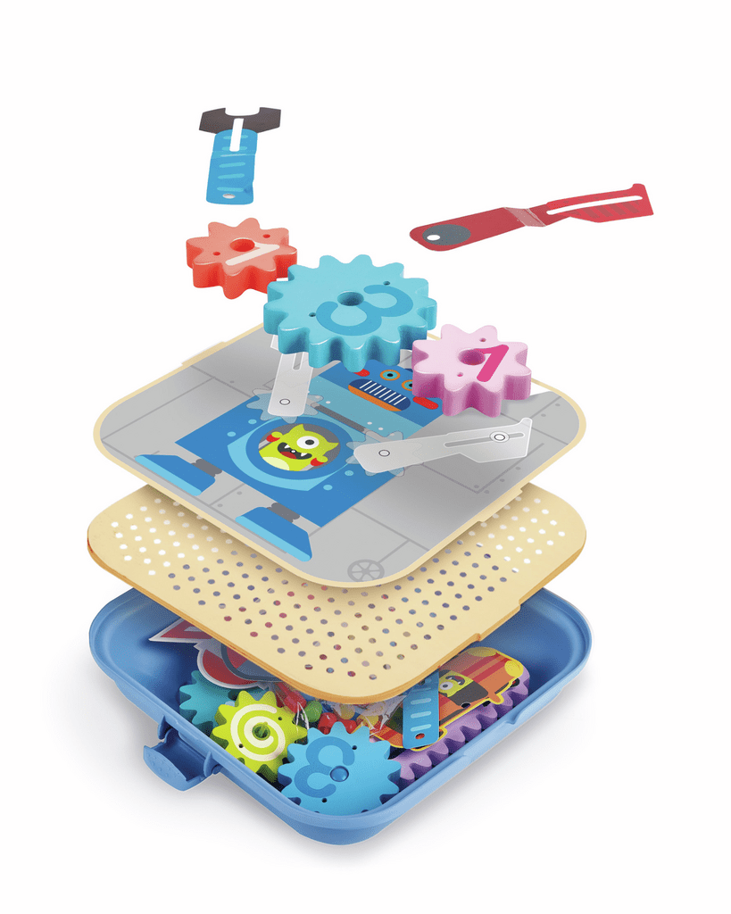Lernspielset mit sechs Zahnrädern und verschiedenen Technik-Hintergründen für Kinder

