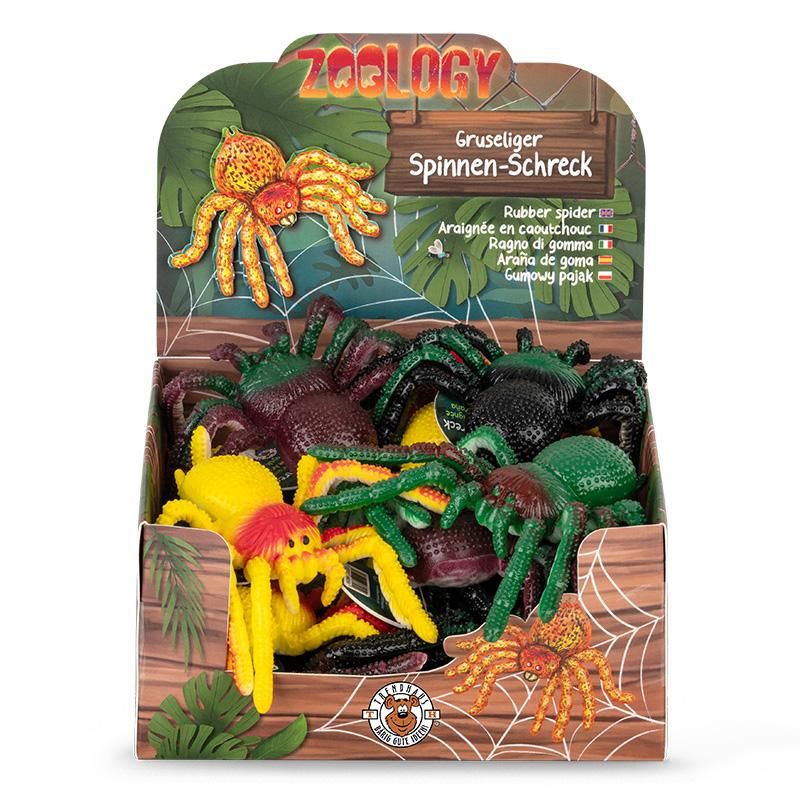 Realistisch gestaltete Gruselspinne aus Gummi in vier Farben – Deko und Spielzeug
