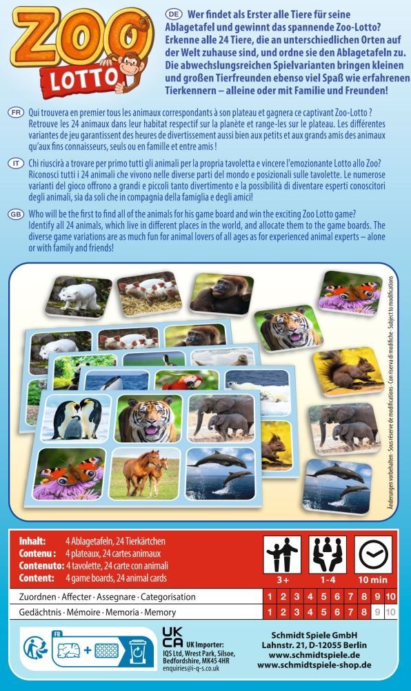 Zoo Lotto Reisespiel ab 4 Jahren mit Tieren und Ablagetafeln in Metalldose